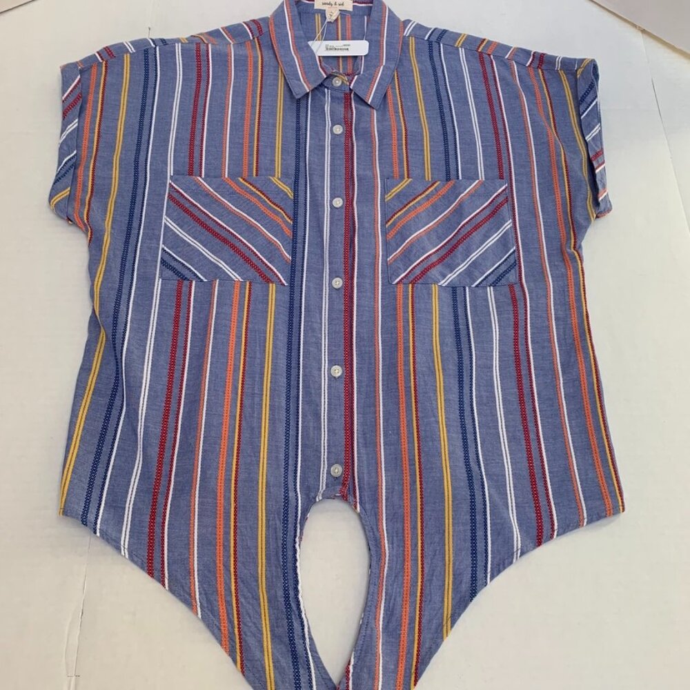 NWT Womens Size Large Blue and Multi Stripes Button Down Crop Top